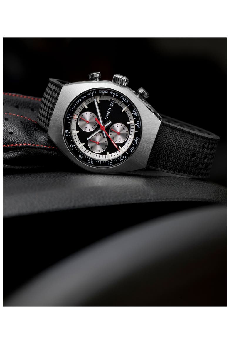 Legacy Tonneau Chronograph Synthetic Rubber Strap Watch, 42mm, Alternate, color, BLACK