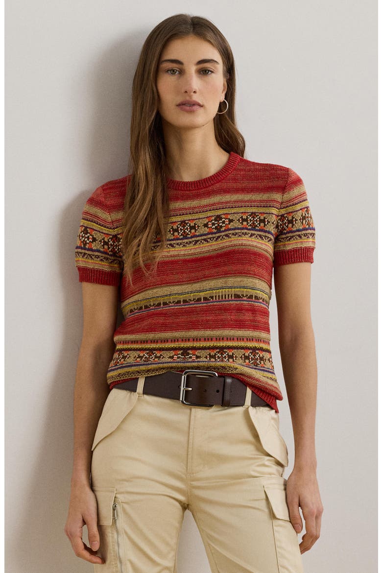 Geo Stripe Short Sleeve Sweater, Alternate, color, RED MULTI