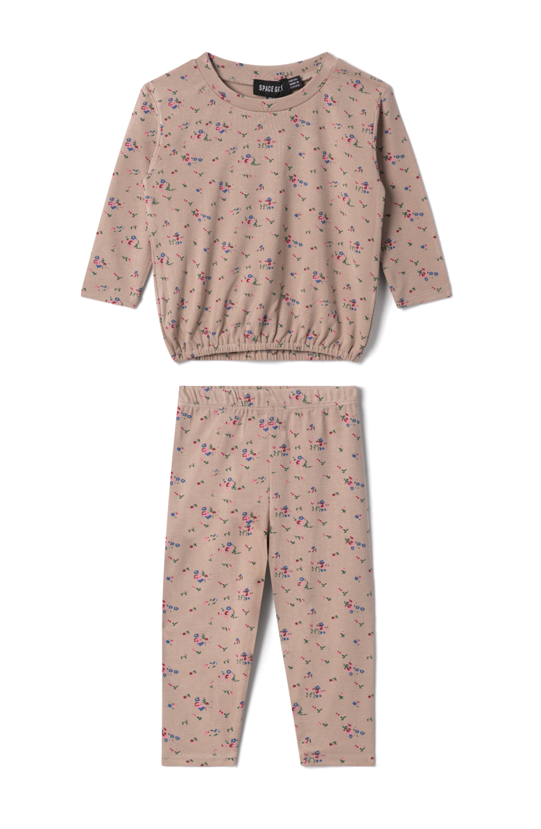 Space Grey Floral Printed Long Sleeve Top and Pants Set, Main, color, Beige