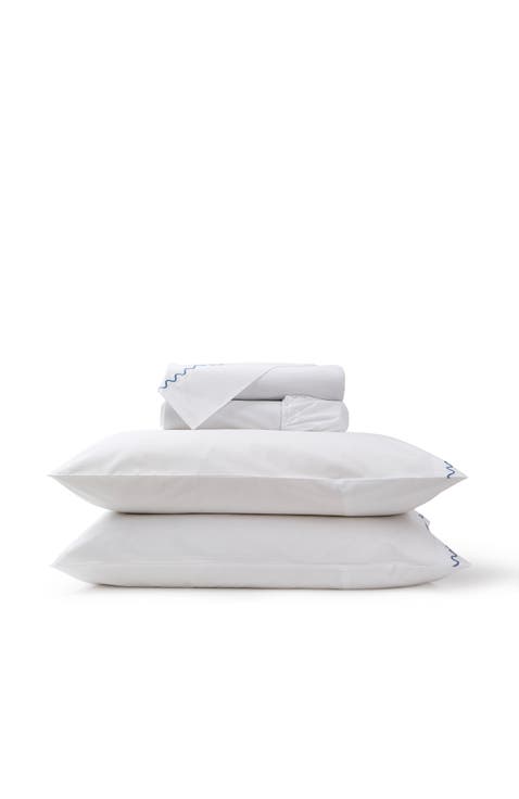 Wave Embroidered Edge Cotton Percale Sheet Set Bundles