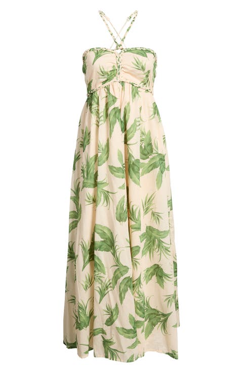 Ruched Halter Neck Cotton Maxi Sundress