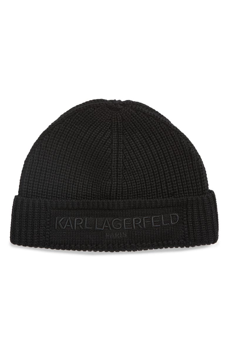 KARL LAGERFELD PARIS Embroidered Fisherman Knit Beanie, Main, color, 