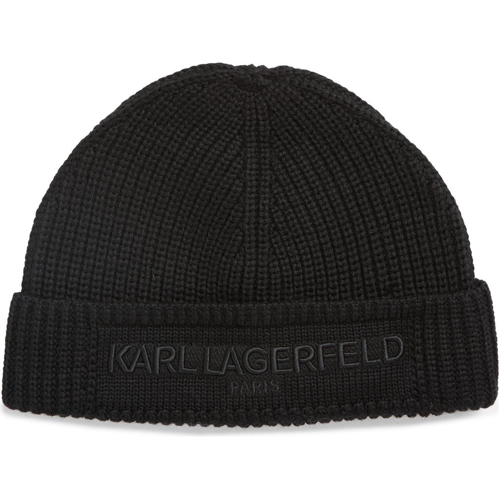 Karl Lagerfeld Paris Embroidered Fisherman Knit Beanie In Black
