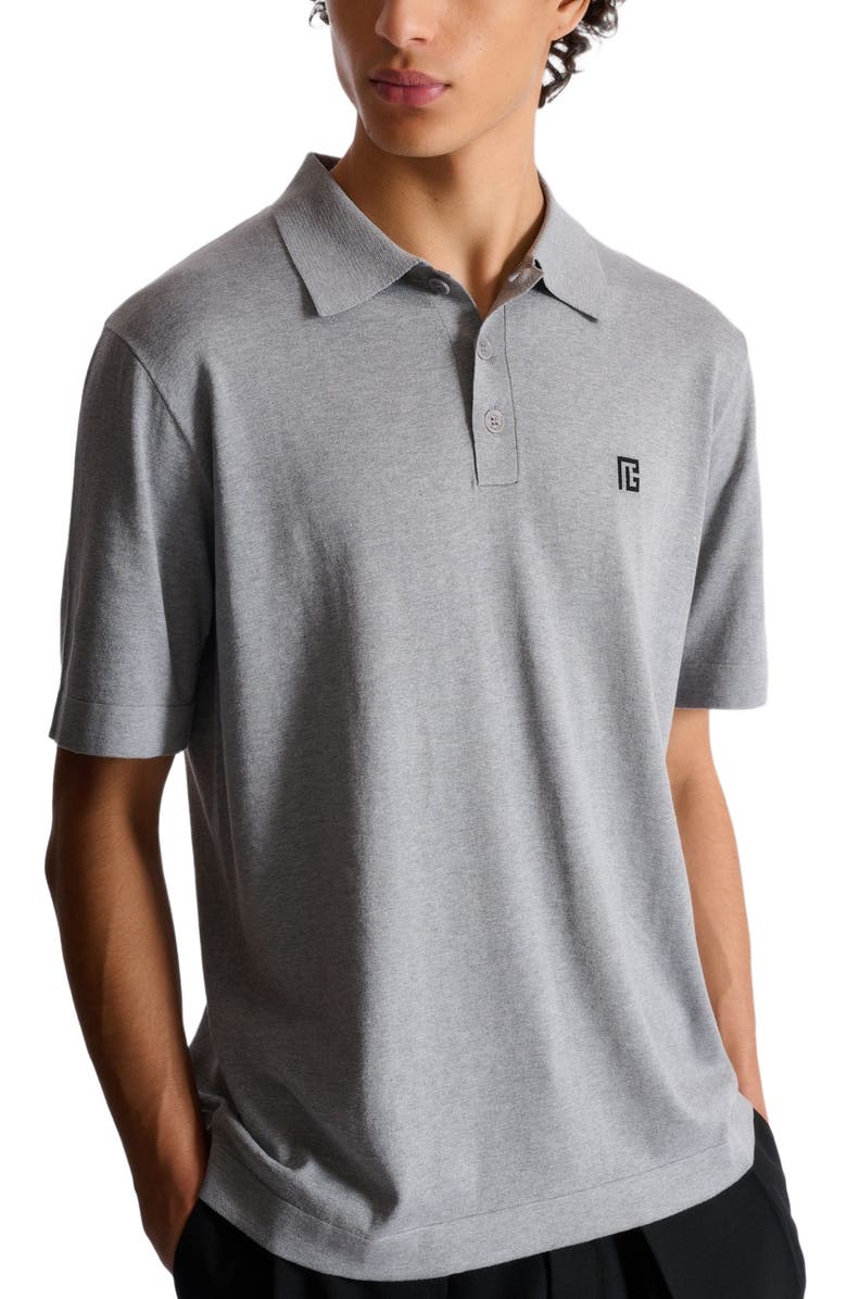 Balmain Embroidered cotton polo, Alternate, color, Grey