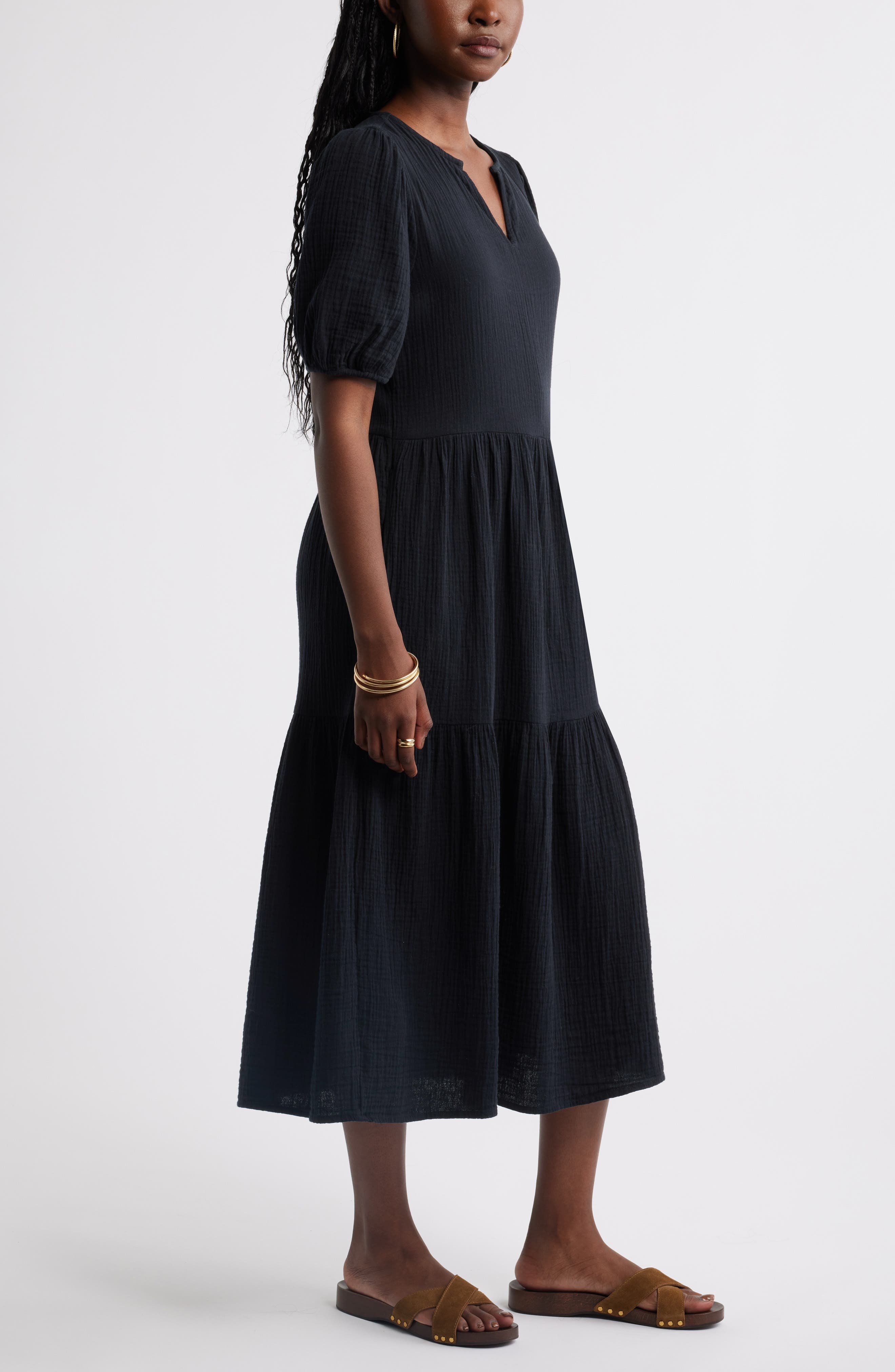 Женские Caslon® Puff Sleeve Tiered Cotton Gauze Midi Dress — фото 4