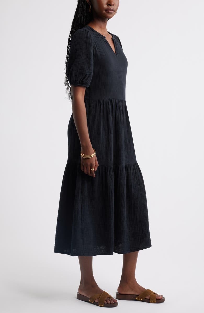 Caslon<sup>®</sup> Puff Sleeve Tiered Cotton Gauze Midi Dress, Alternate, color, Black