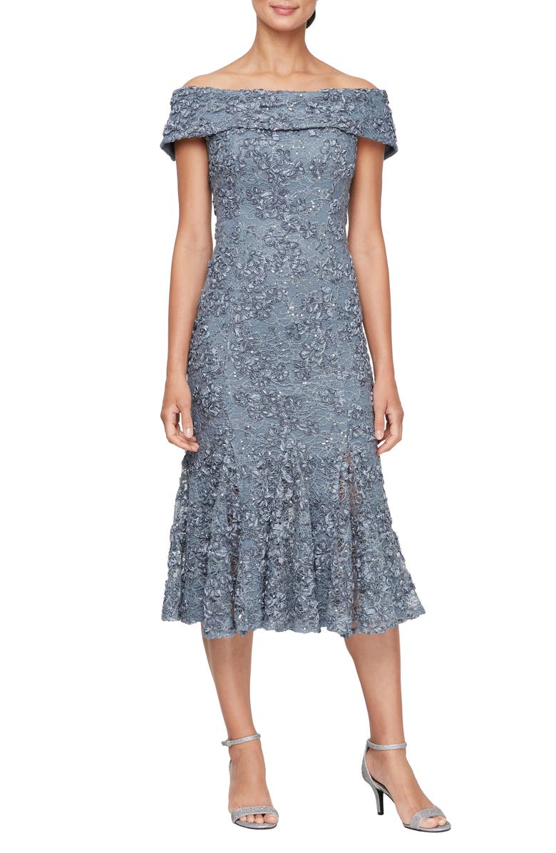 Alex Evenings Off the Shoulder Midi Cocktail Dress, Main, color, Pewter