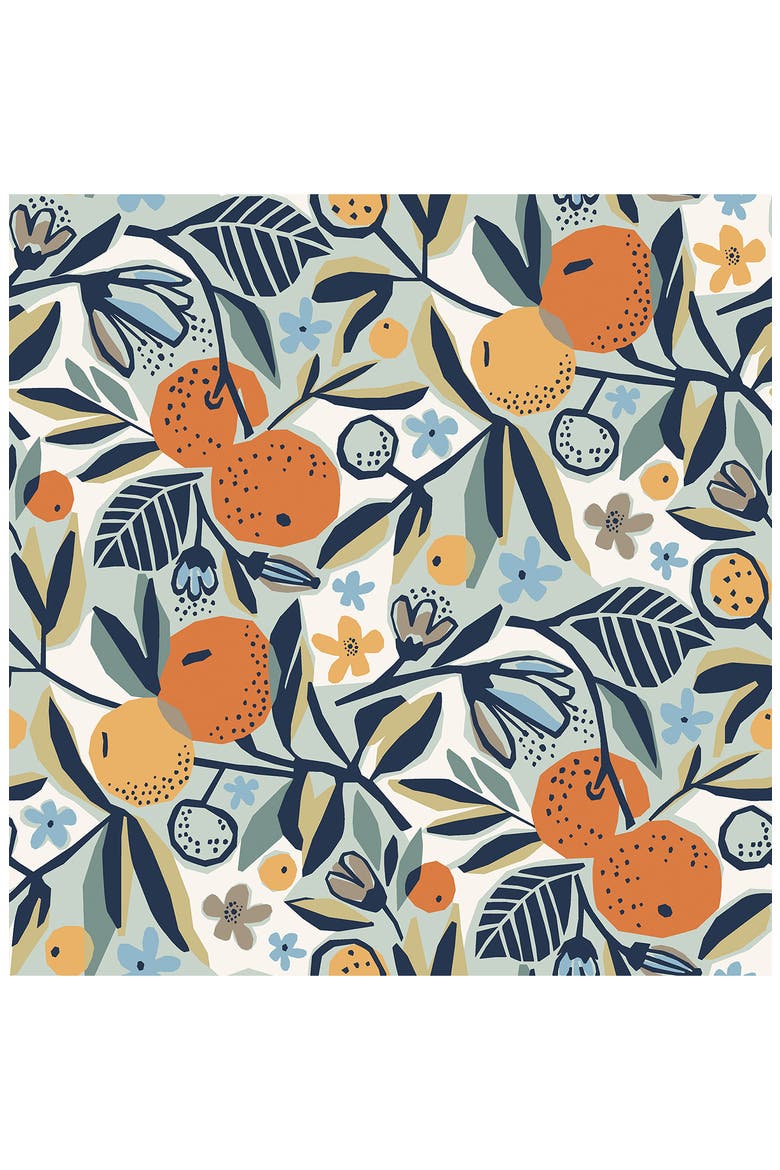 Navy Clementine Garden Peel and Stick Wallpaper, Main, color, ORANGE