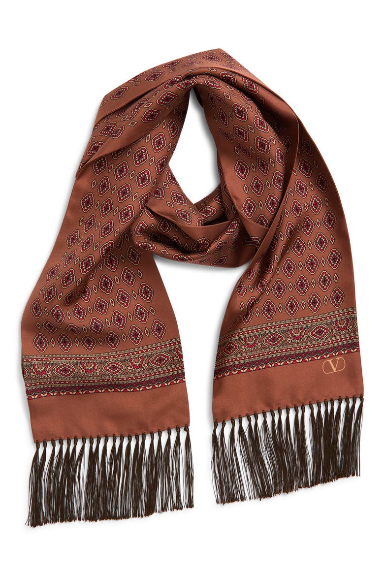 Medallion Print Silk Fringe Scarf, Alternate, color, LIGHT HAZELNUT