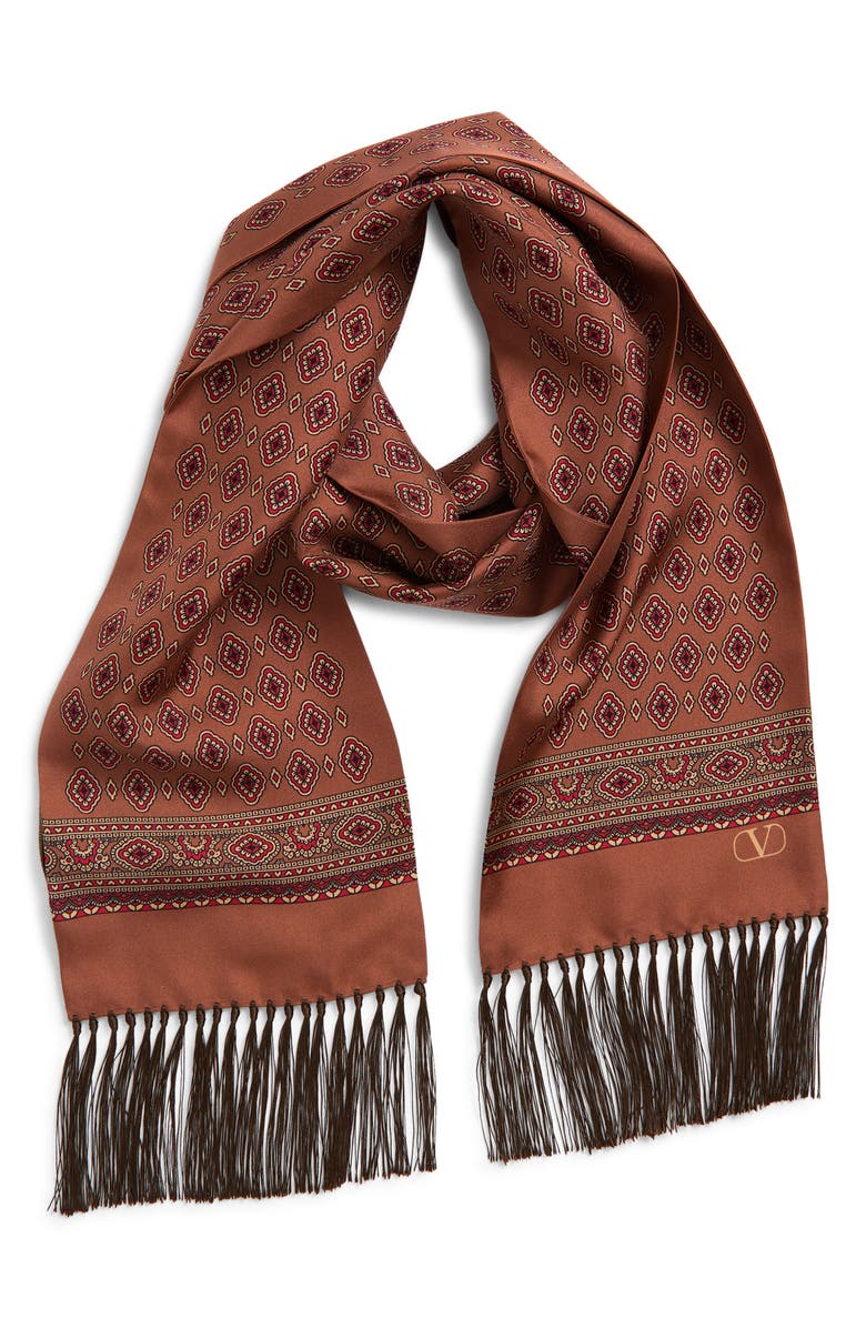 Valentino Medallion Print Silk Fringe Scarf, Main, color, Light Hazelnut