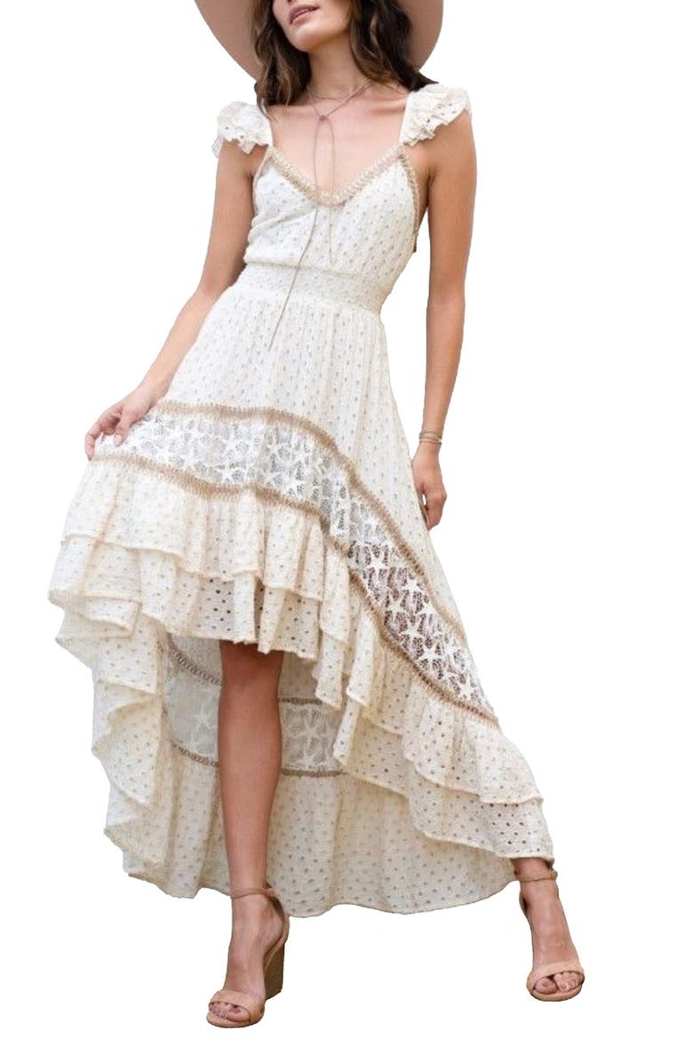 BAROK PARIS Embroidered Eyelet High-Low Dress, Main, color, 