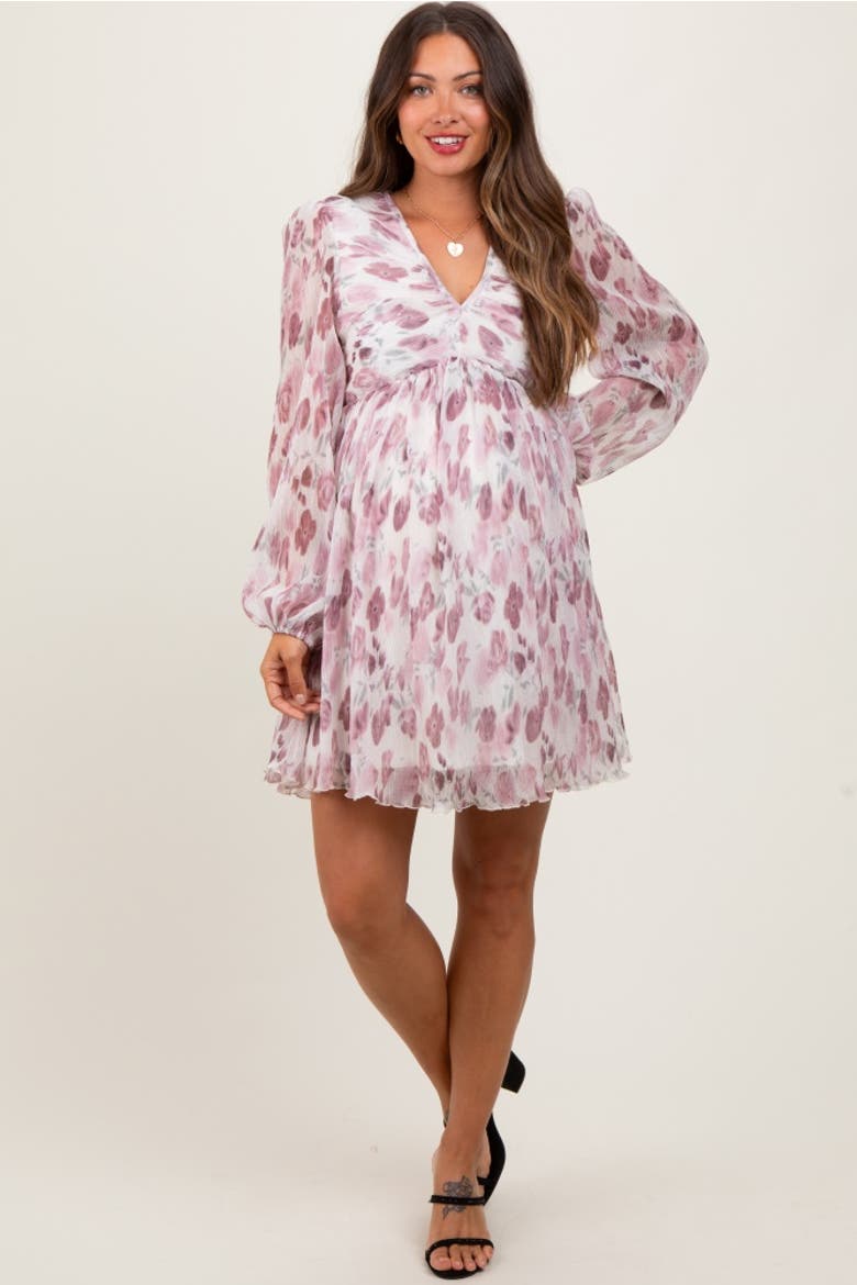Floral Chiffon Plisse Mini Dress, Alternate, color, Cream