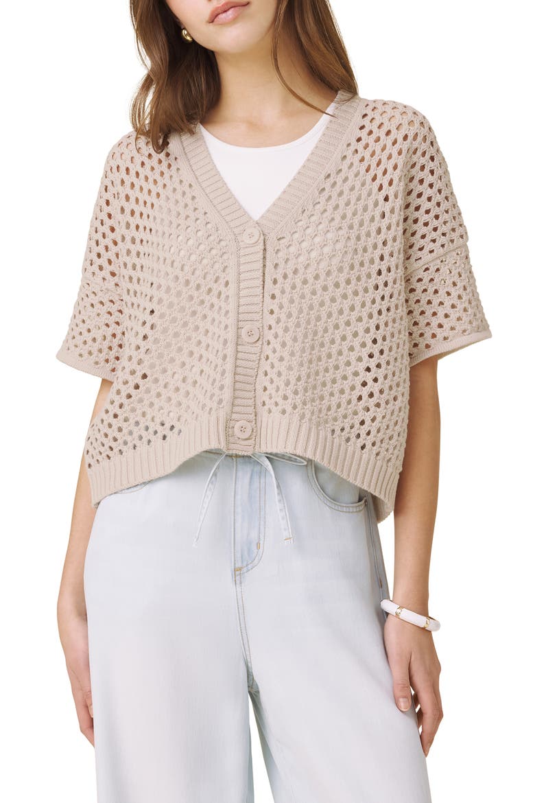 Nova Short Sleeve Cotton Pointelle Cardigan, Main, color, LIGHT FAWN BEIGE