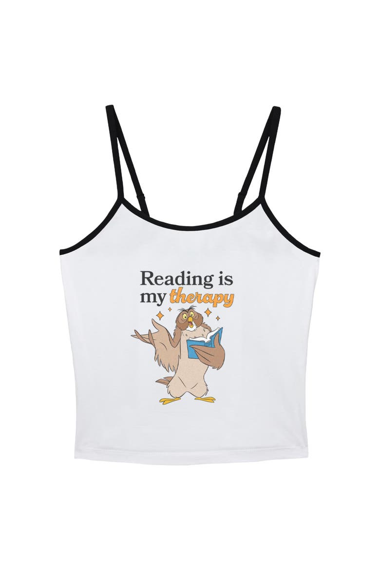 Junior's Owl Reading Is My Therapy Tank Top, Main, color, White