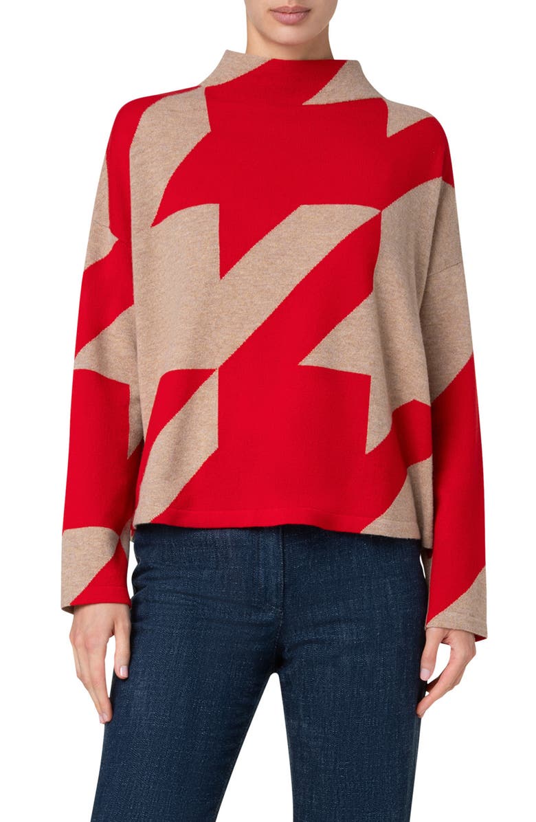 Akris punto Houndstooth Wool & Cashmere Funnel Neck Sweater, Main, color, 