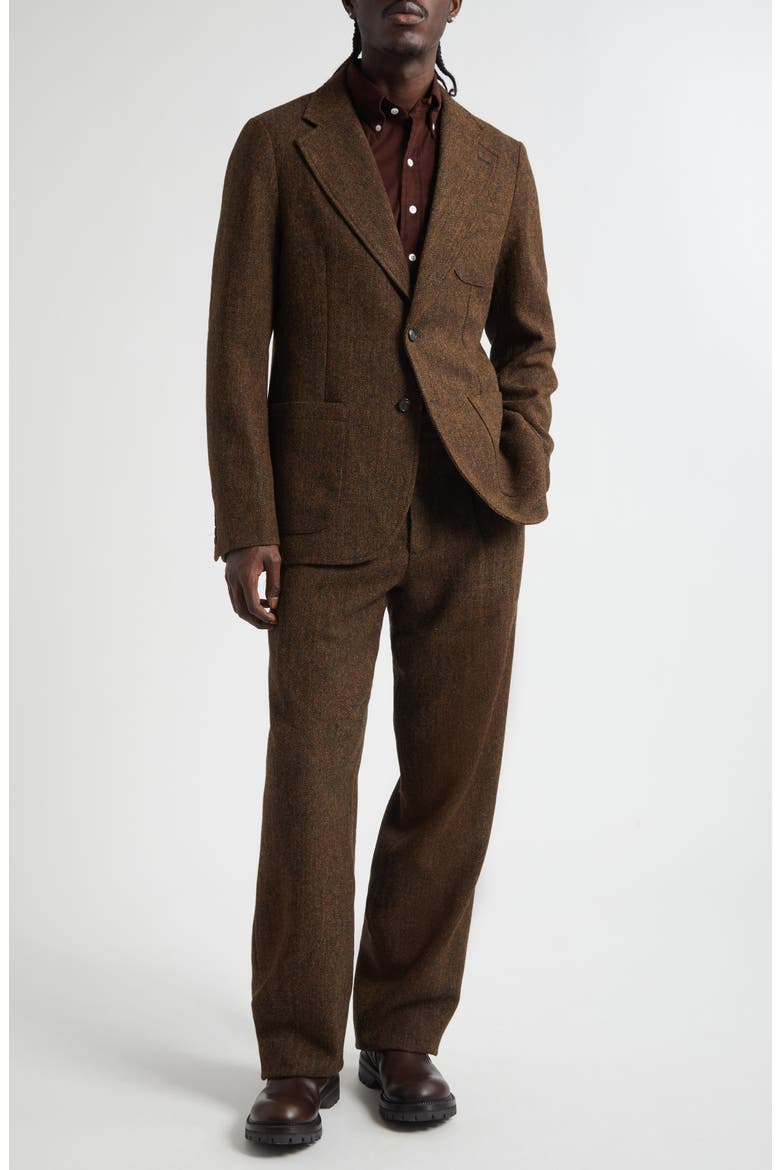 Double Pleat Wool Herringbone Pants, Alternate, color, BROWN HERRINGBONE