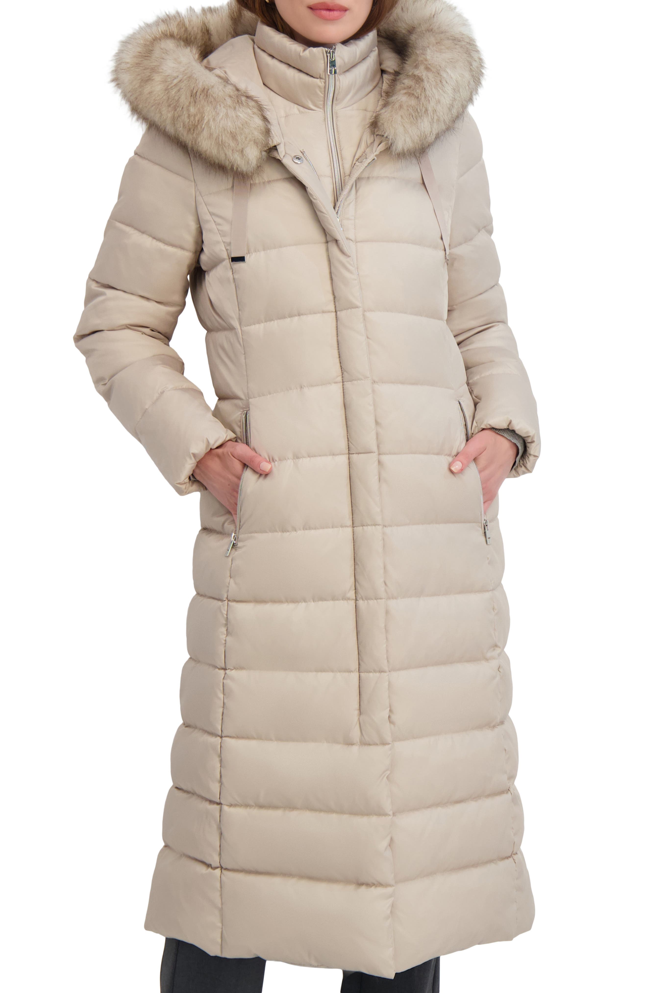 Tahari Nellie Faux Fur Trim Hooded Puffer Jacket with Bib