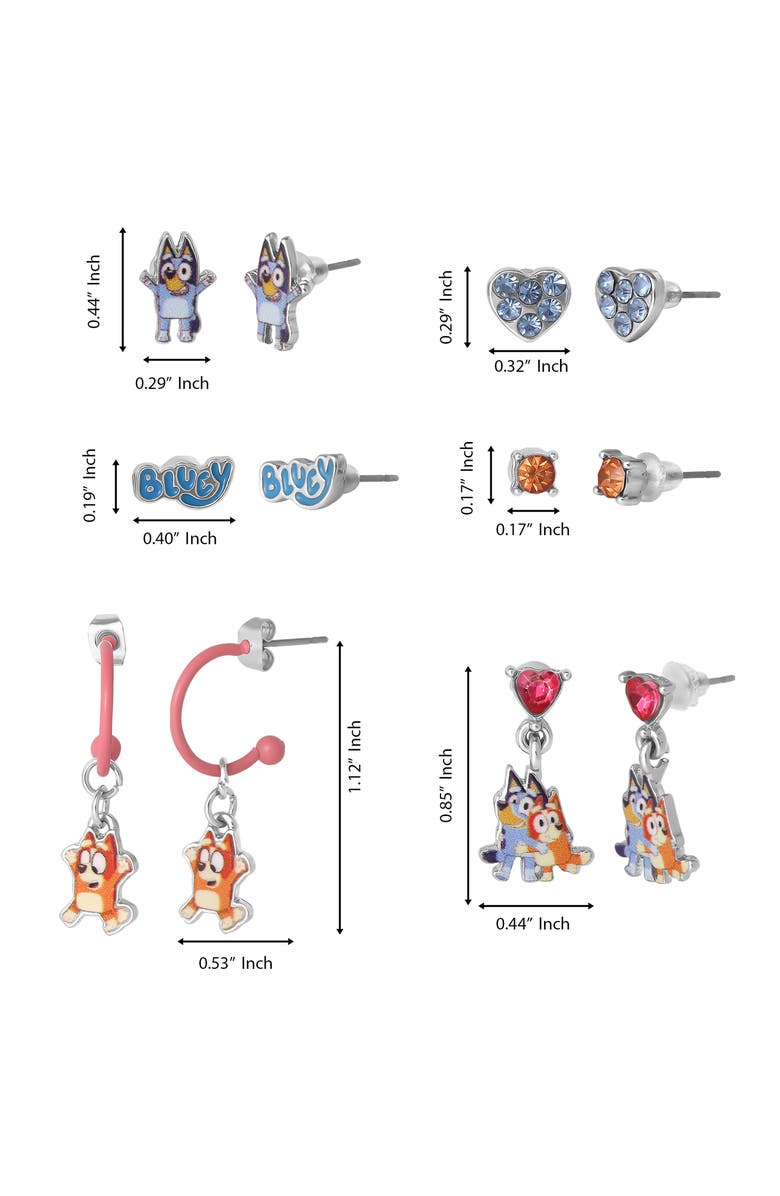 BLUEY Earrings Set 6 Pairs Official License, Fashion Studs, Hoops, and Bluey and Bingo Dangle Charm Earrings with Crystals, Alternate, color, Multicolored
