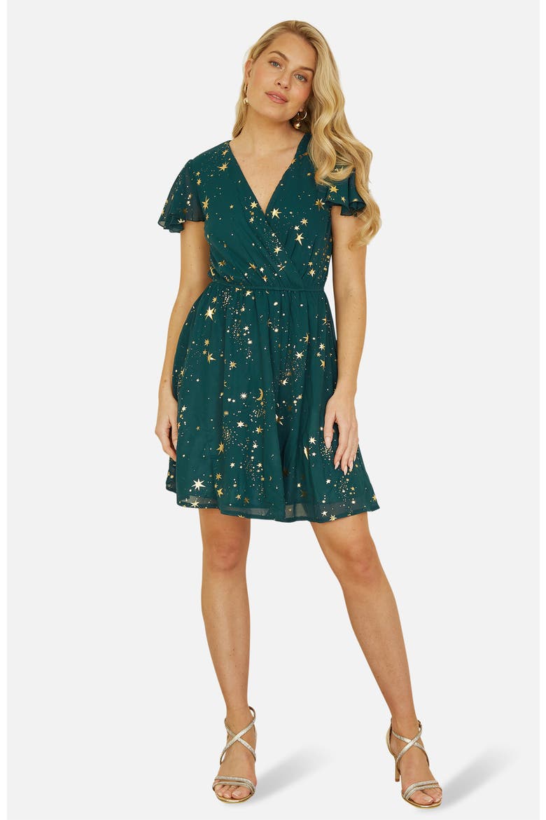Foil Star Print Wrap Skater Dress, Main, color, Green