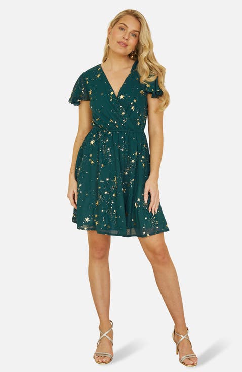 Foil Star Print Wrap Skater Dress