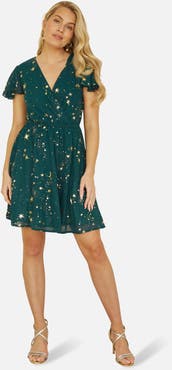 Yumi Foil Star Print Wrap Skater Dress