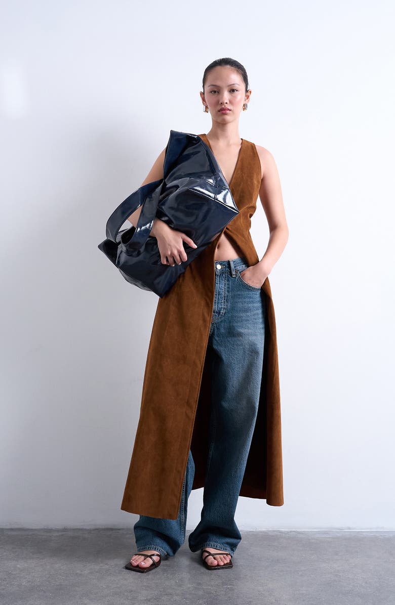 Topshop Crinkle Faux Leather Tote, Alternate, color, Navy