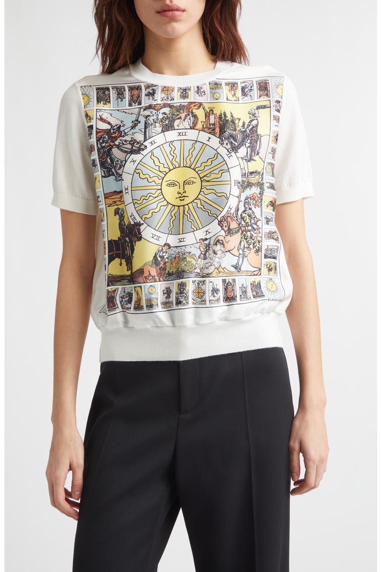 Sandrina Tarot Mixed Media Short Sleeve Sweater, Main, color, SEASIDE BLUE PATTERN