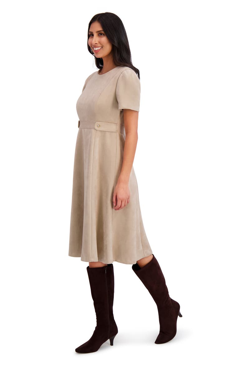 Jewel Neck Side Tab Fit & Flare Dress, Alternate, color, LATTE