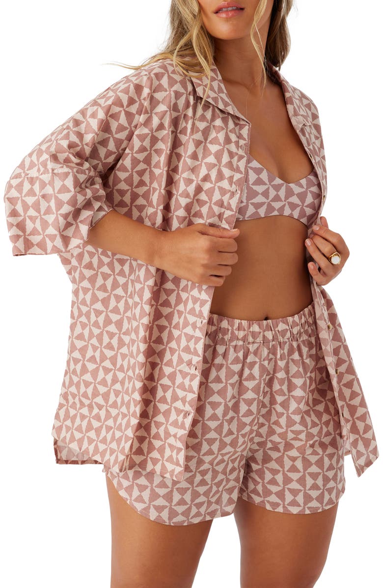 O'Neill Olivia Leaf Print Cotton Cover-Up Shirt, Alternate, color, Rose Dust