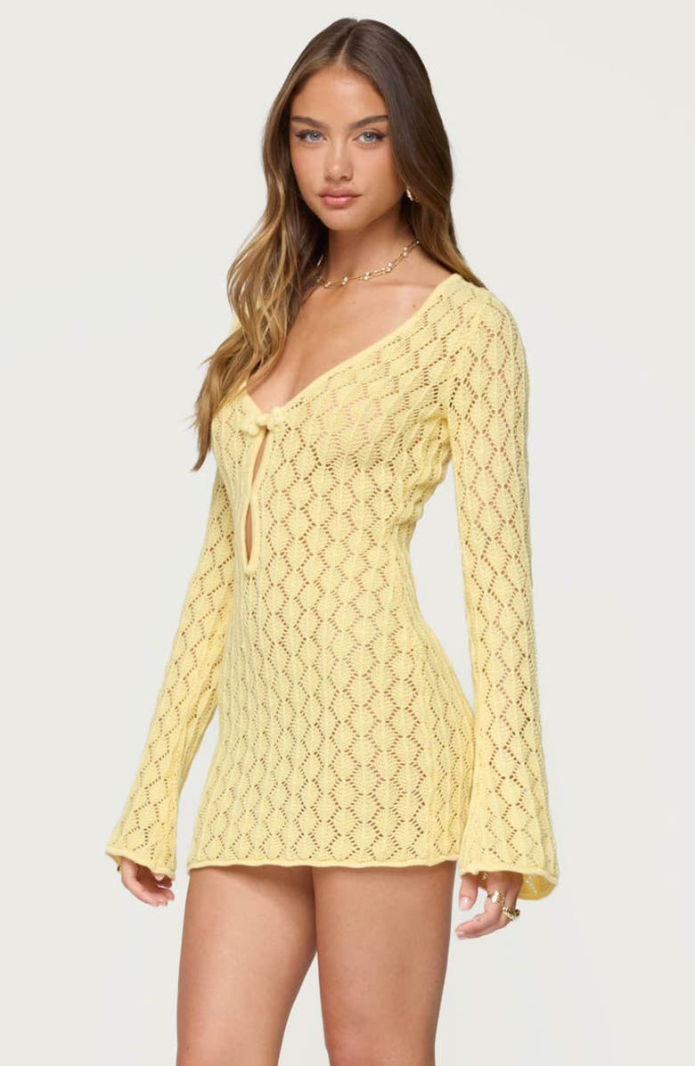 EDIKTED Brie Open Stitch Long Sleeve Mini Sweater Dress, Alternate, color, Yellow