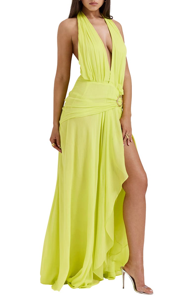 HOUSE OF CB Olessia Plunge Halter Maxi Dress, Alternate, color, Limeade