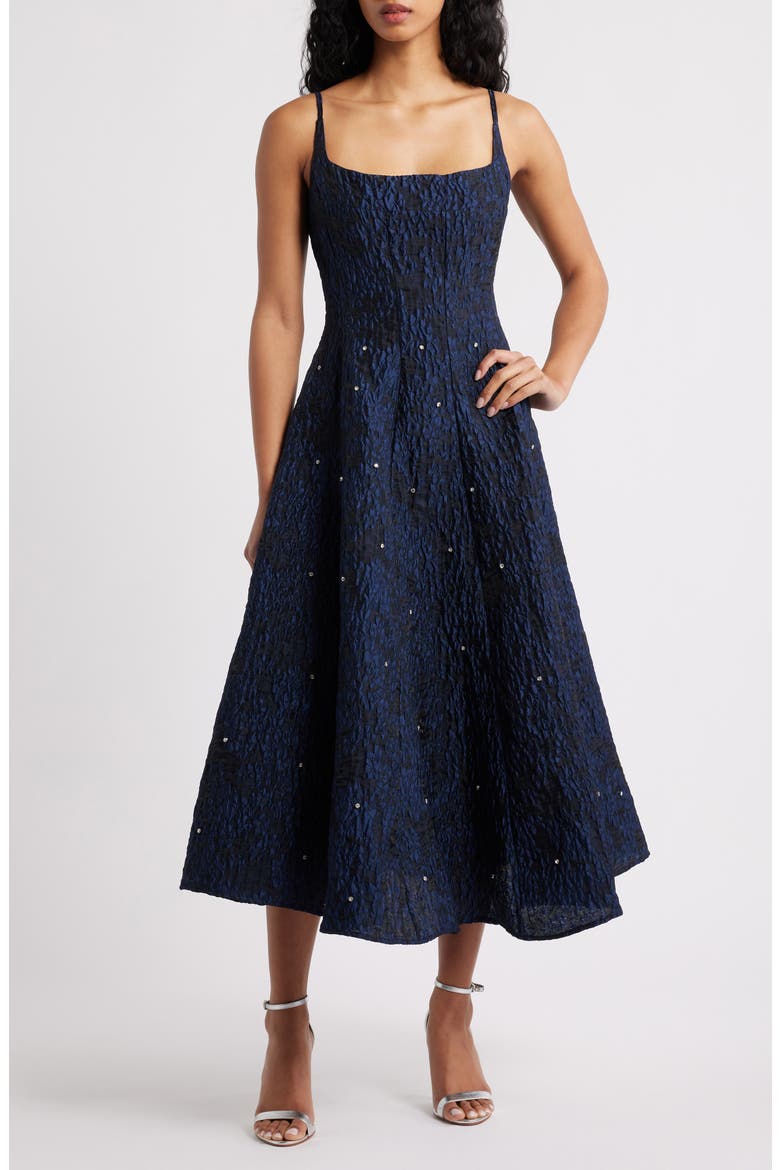 Maison Crystal Detail Floral Jacquard Cocktail Dress, Main, color, NAVY