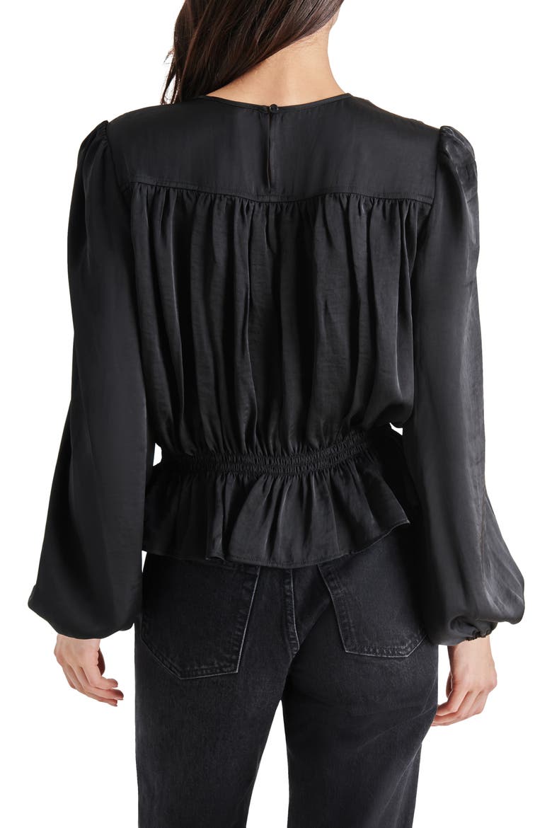 Pyper Ruched Satin Peplum Top, Alternate, color, BLACK