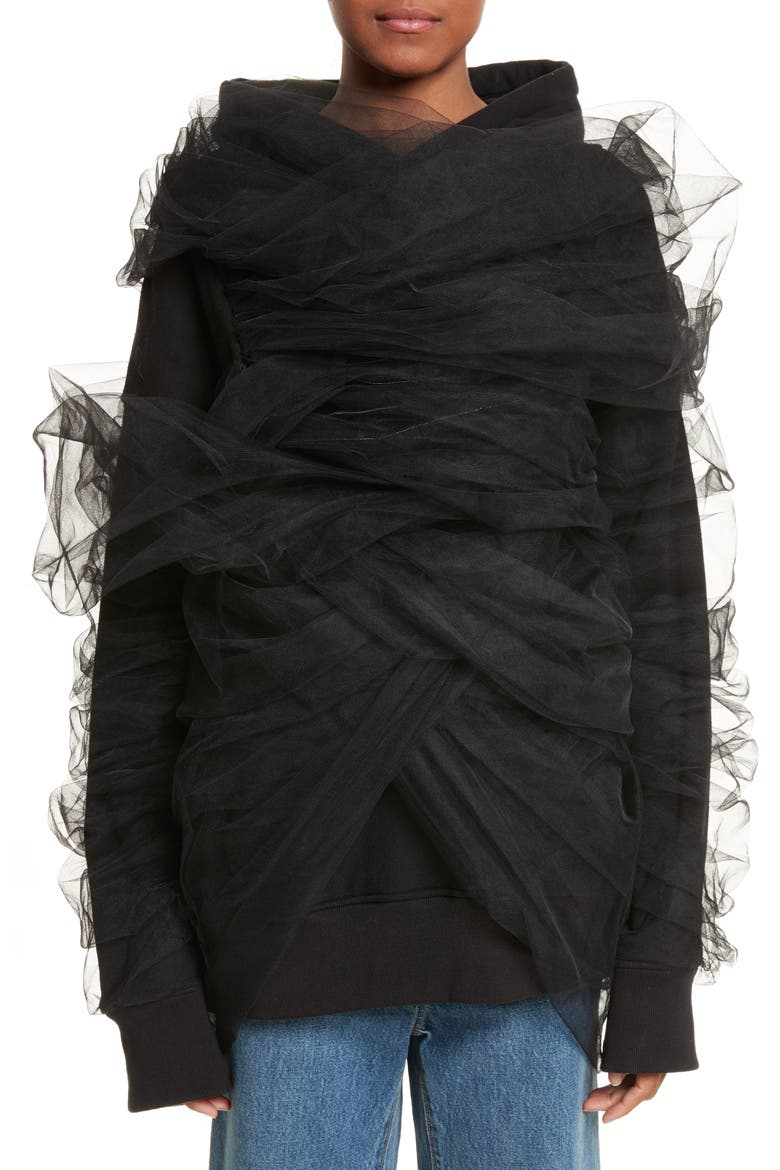 Tulle Wrapped Hoodie, Main, color, NOIR