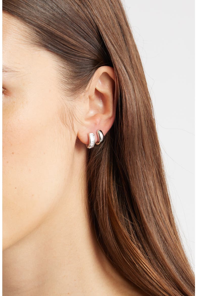 Set of 2 Chubby Huggie Hoop Earrngs, Alternate, color, CLEAR- SILVER