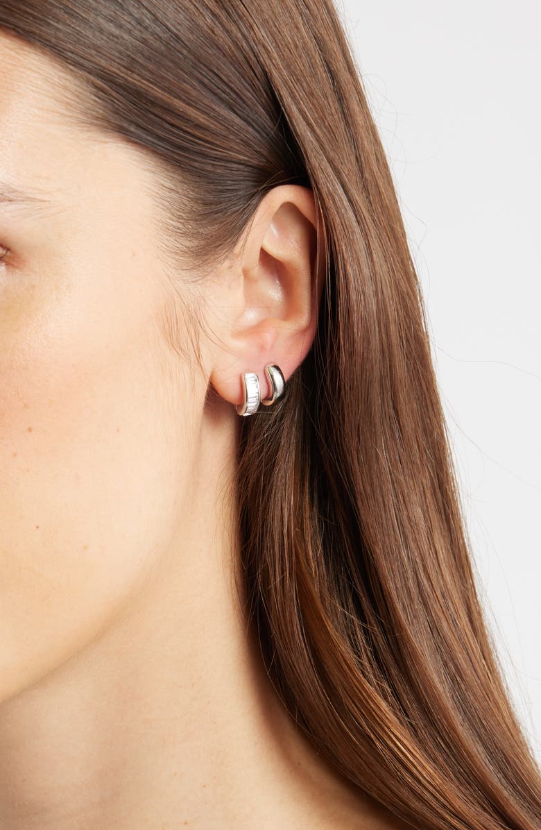 Nordstrom Set of 2 Chubby Huggie Hoop Earrngs, Alternate, color, Clear- Silver