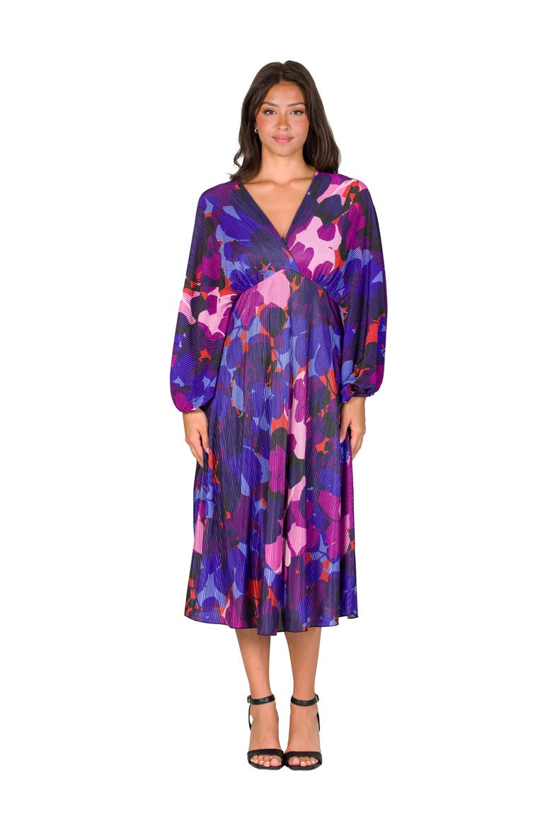 Pleated V Neck Empire Waist Midi Dress, Main, color, Magenta Multi