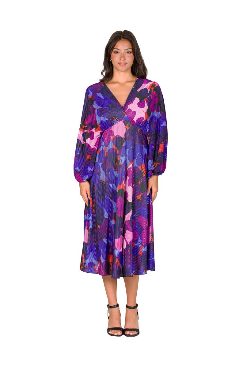 24seven Comfort Apparel Pleated V Neck Empire Waist Midi Dress, Main, color, Magenta Multi