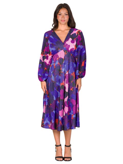 Pleated V Neck Empire Waist Midi Dress