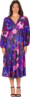 24seven Comfort Apparel Pleated V Neck Empire Waist Midi Dress