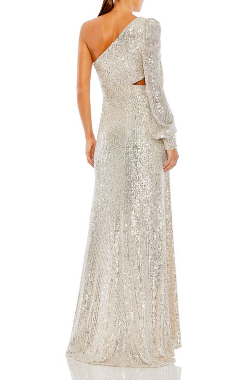Mac Duggal Sequined One Shoulder Cut Out Gown In Silver