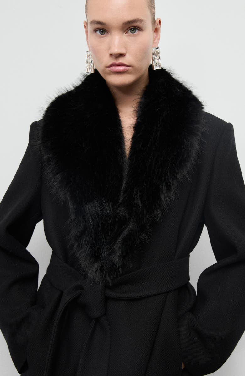 MANGO Manteco Belted Longline Trench Coat with Removable Faux Fur Collar, Alternate, color, Black