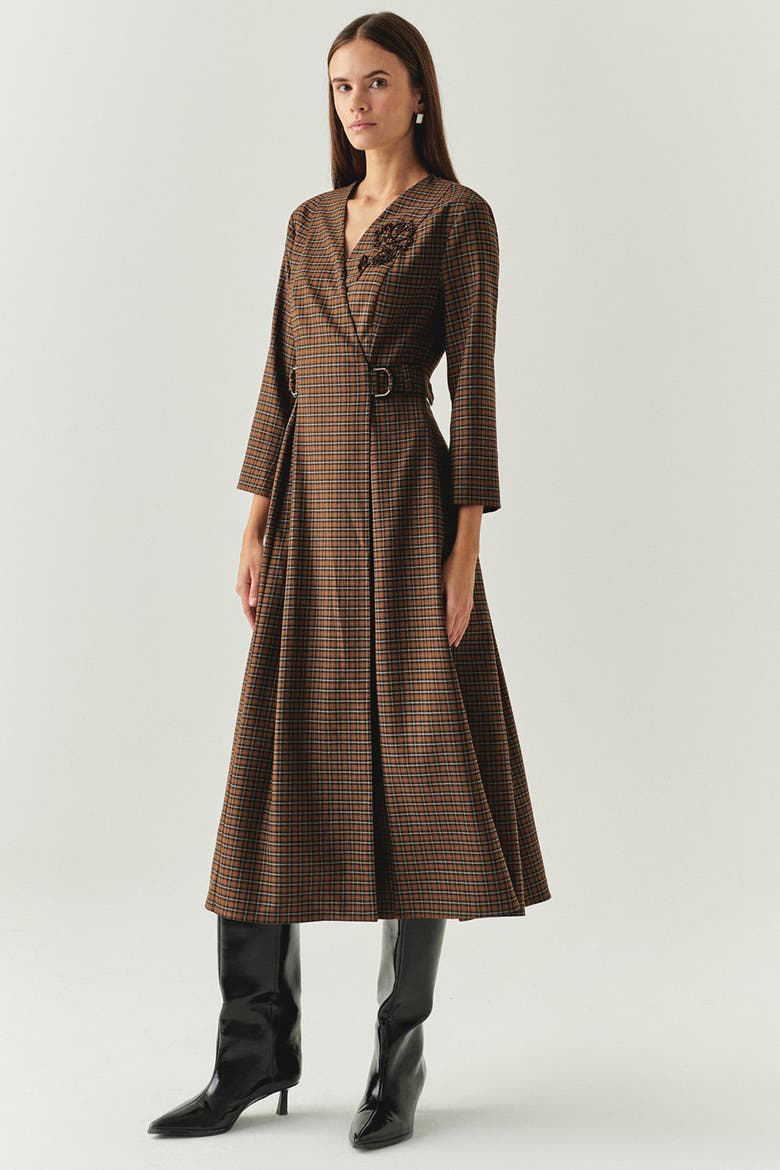 Notched Lapel Plaid Wrap Midi Dress, Alternate, color, MULTICOLOR