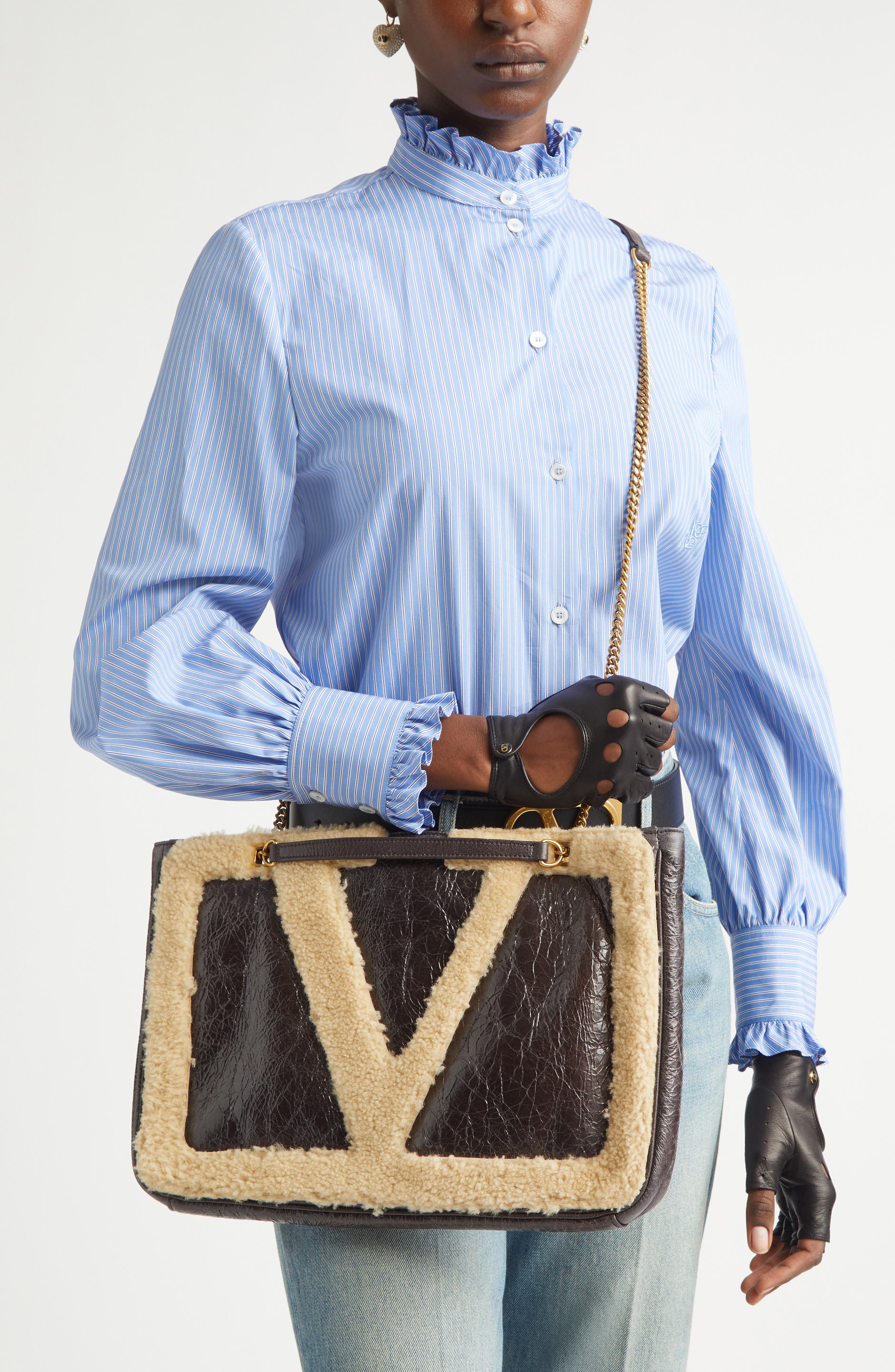 Valentino Garavani Medium Viva Superstar Crinkled Leather & Genuine Shearling Tote, Alternate, color, Cafe Fango/ Dark Beige