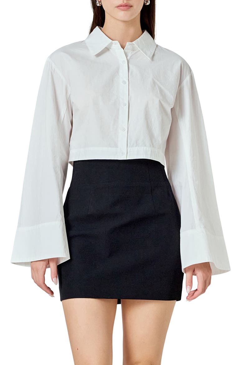 Flare Sleeve Cotton Crop Button-Up Shirt, Main, color, WHITE