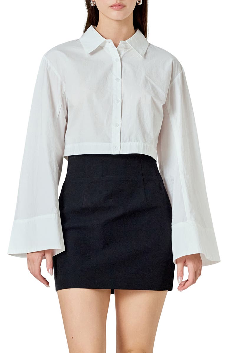 Endless Rose Flare Sleeve Cotton Crop Button-Up Shirt, Main, color, White
