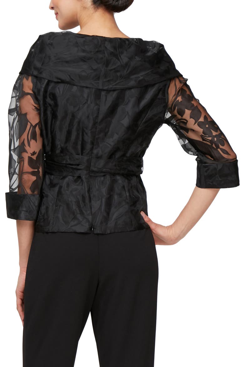 Floral Tie Belt Illusion Three-Quarter Sleeve Top, Alternate, color, BLACK