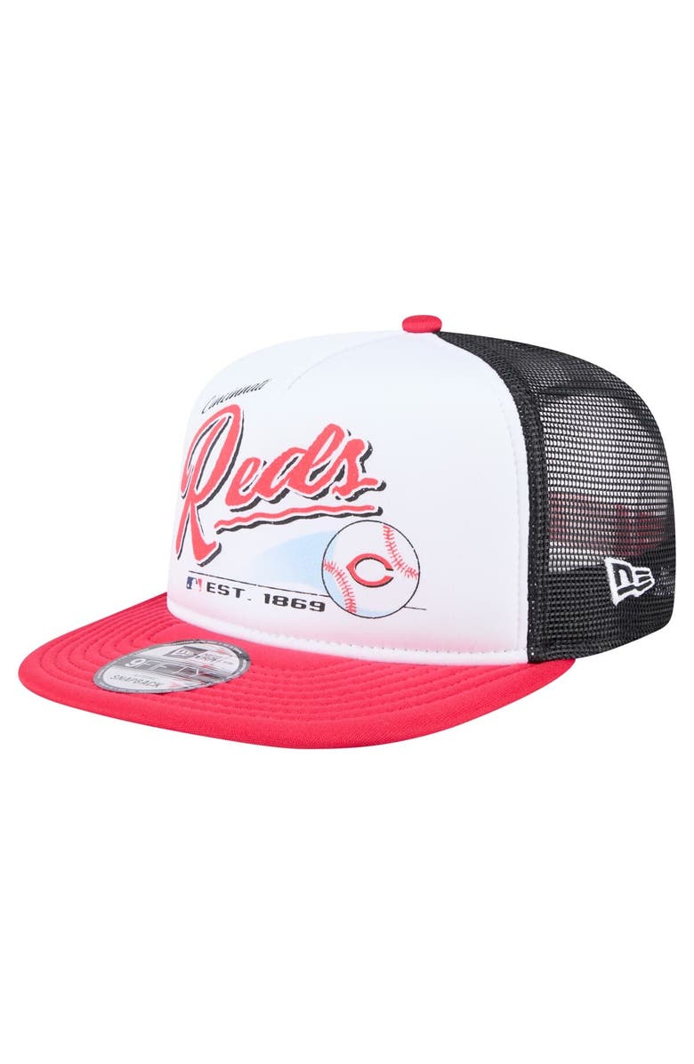 New Era Men's New Era White/Red Cincinnati Reds Retro Script Trucker 9FIFTY Snapback Hat, Main, color, 