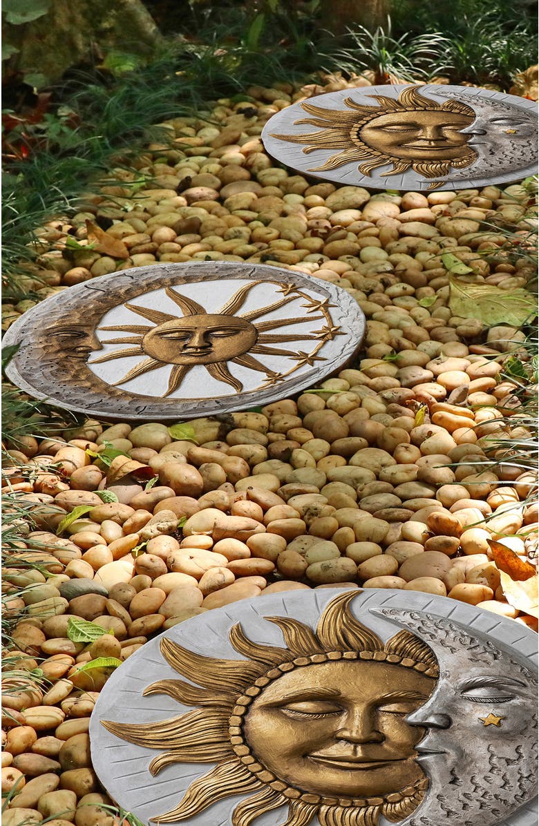 Glitzhome Set of 2 Cement Sun and Moon Textured Stepping Stones, Alternate, color, Gold
