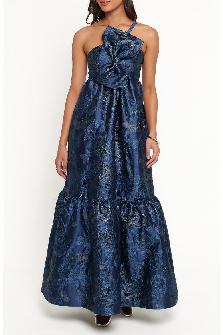 Betina Bow Front Maxi Dress, Main, color, BLUE BROCADE